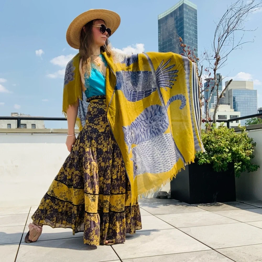 Inouïtoosh Wool Mustard Owl Cat Fringed Blanket Scarf Dupatta